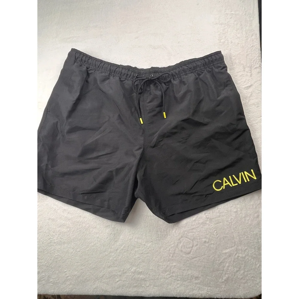 Calvin Klein Swim Trunks Men 2XL Black Yellow Logo Quick Dry UPF 40+ Shorts  NEW